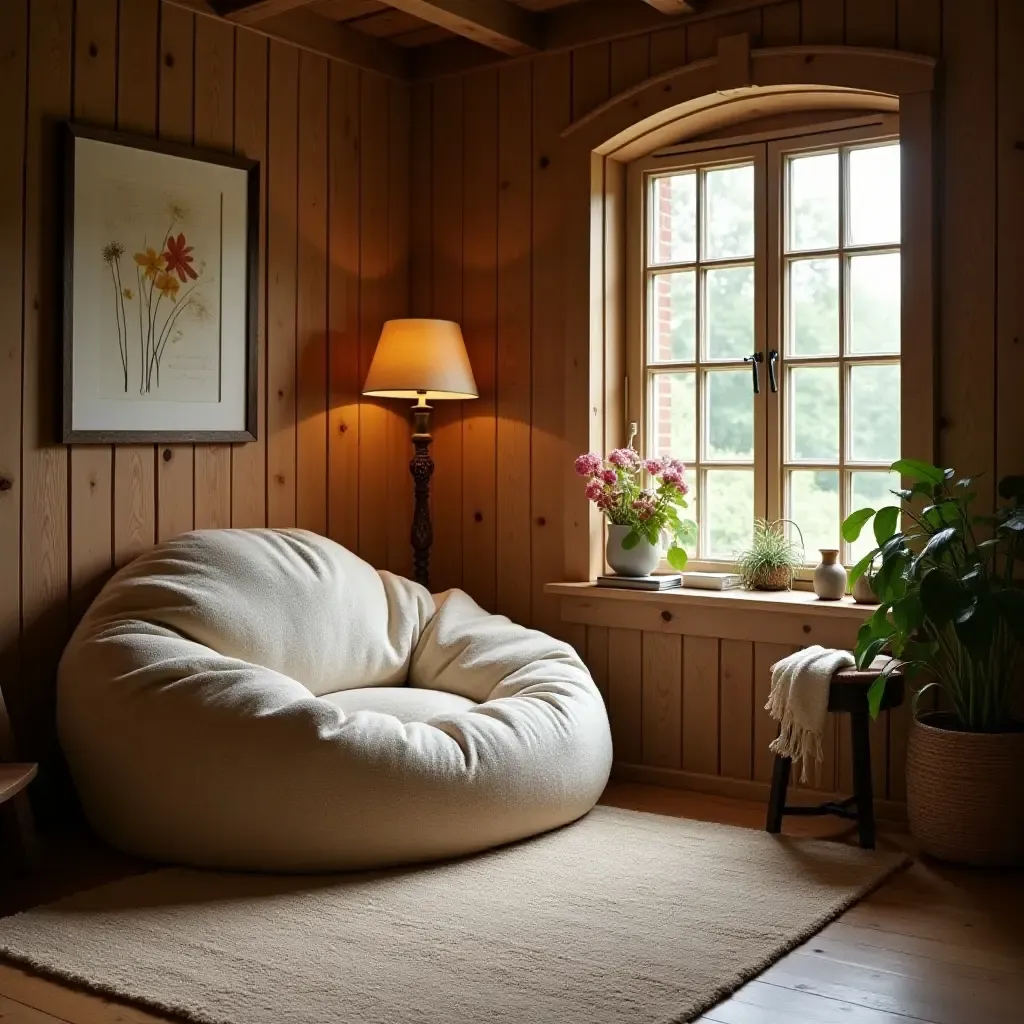 a photo of a reading nook with a large bean bag and a cozy atmosphere