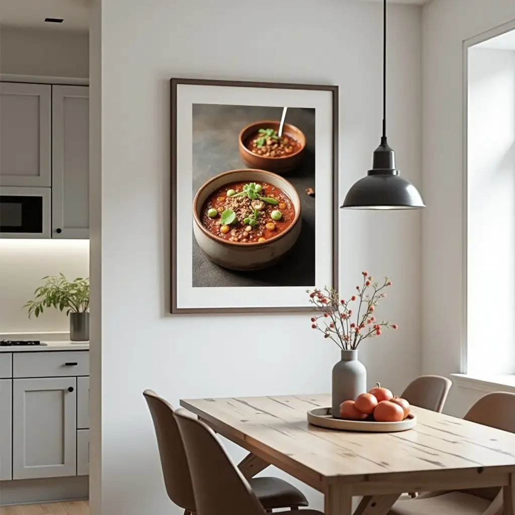 a photo of framed food photography above a dining area in the kitchen