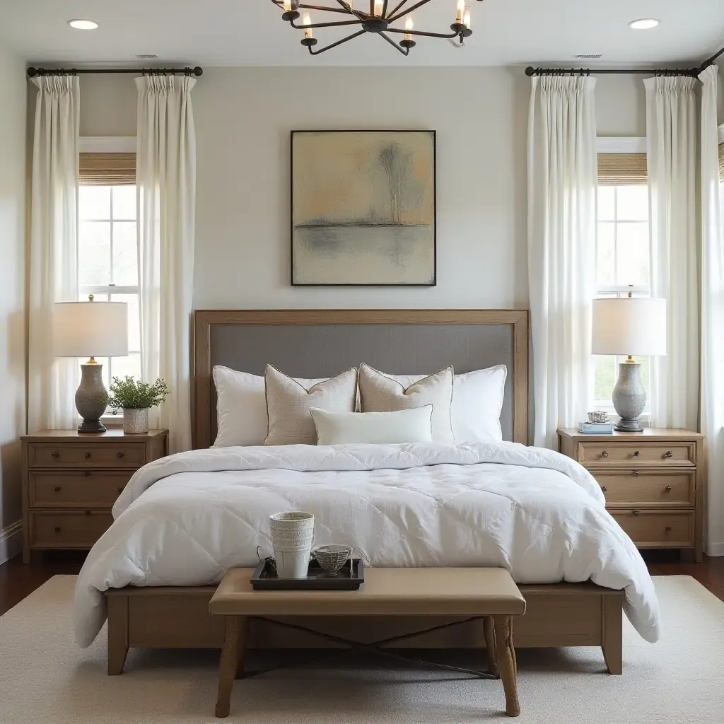 a photo of a farmhouse-inspired bedroom with a mix of wood and metal accents