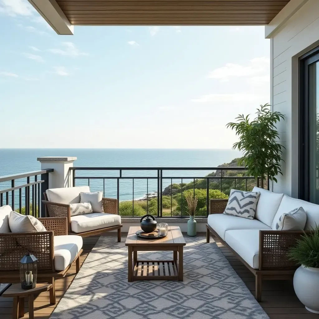 a photo of a coastal balcony with nautical-themed furniture and decor