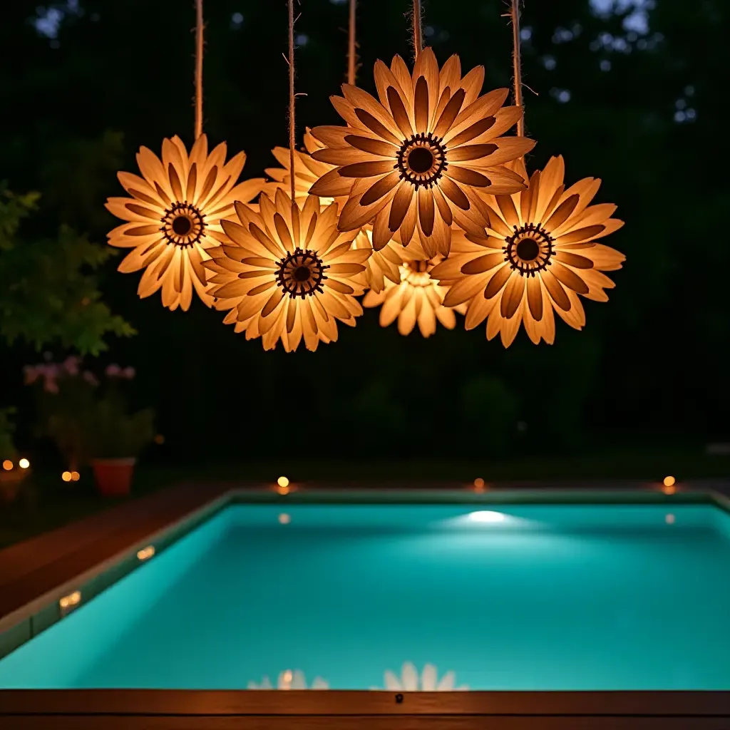 a photo of a garden pool area with floral-themed pendant lighting