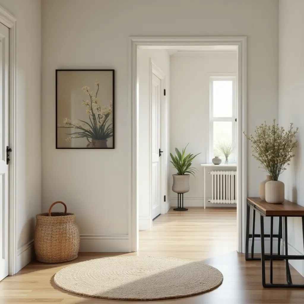 a photo of a welcoming entrance hall with a simple table and fresh flowers