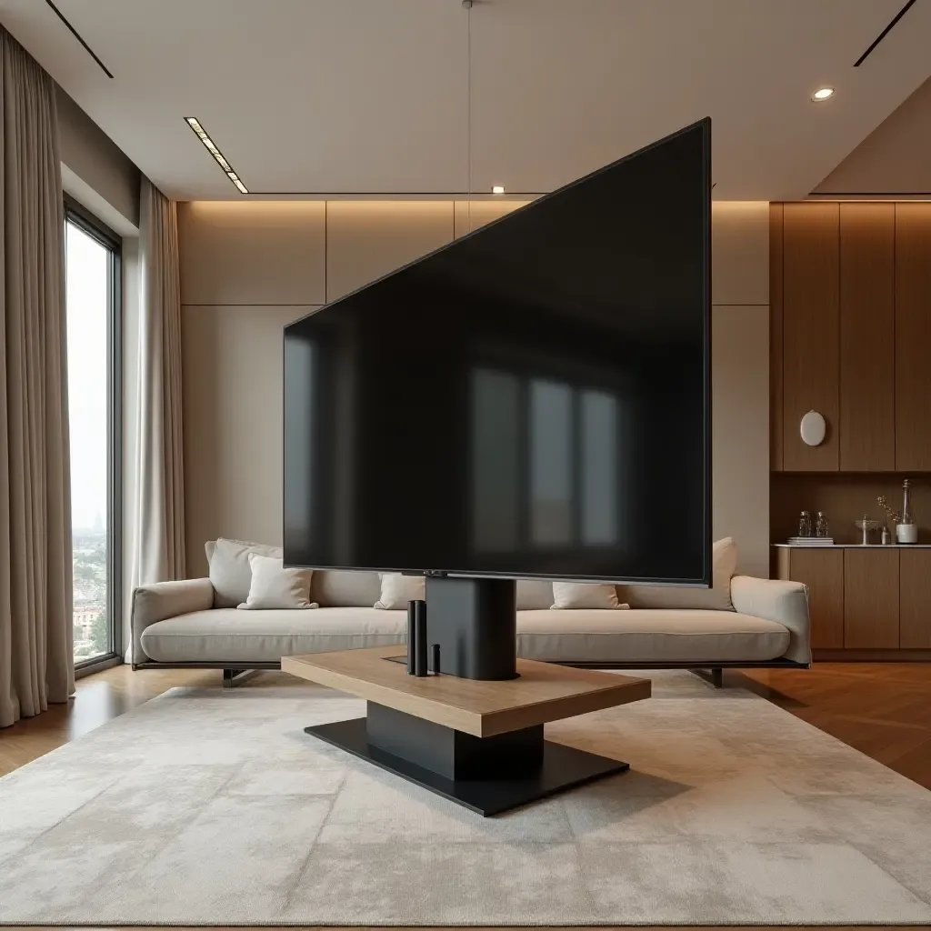 a photo of a dining room with a rotating TV on a stylish pedestal