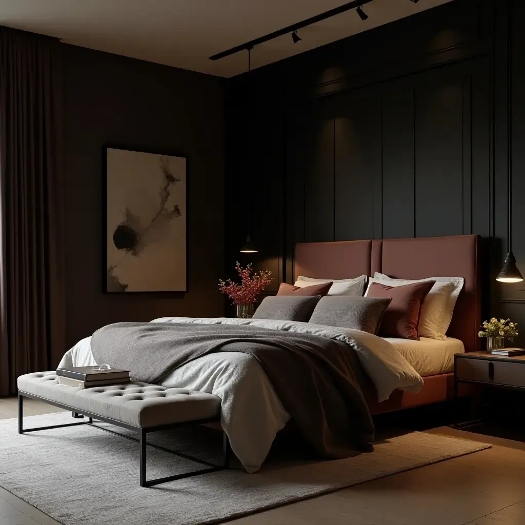 a photo of a stylish master bedroom with dark furniture and plush textiles