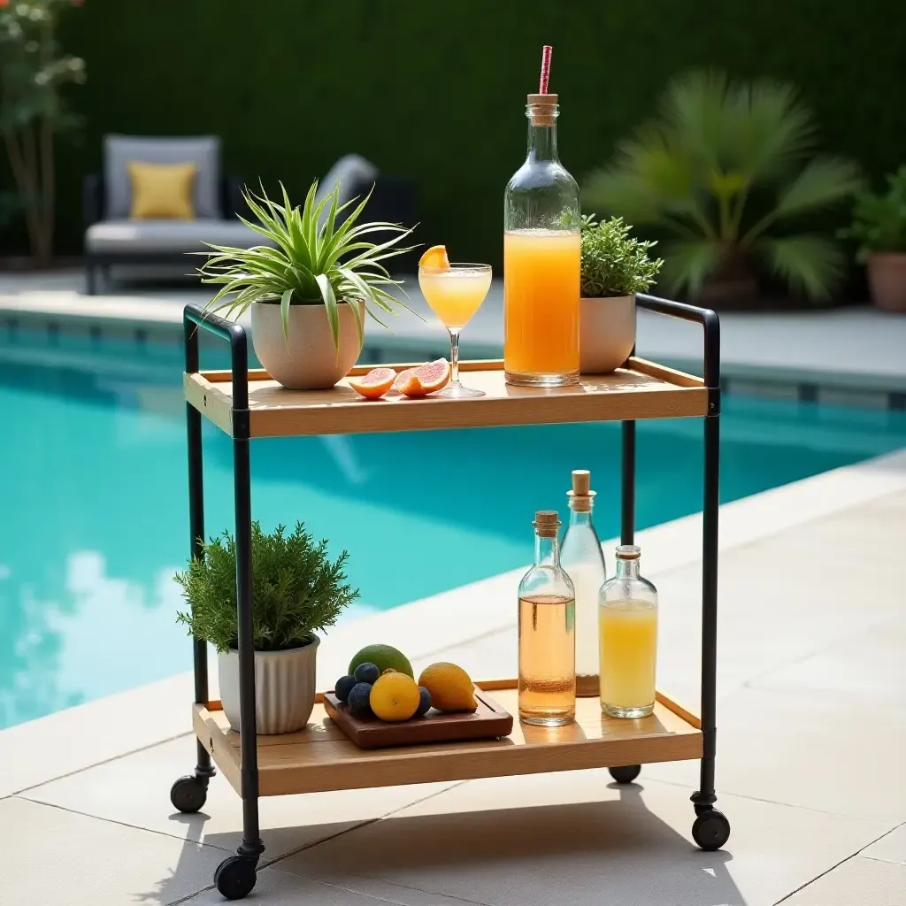 a photo of a stylish bar cart with plants and drinks by the pool