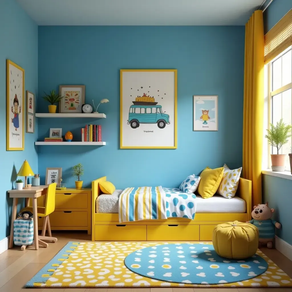 a photo of a vibrant blue and yellow kids&#x27; bedroom with playful decor