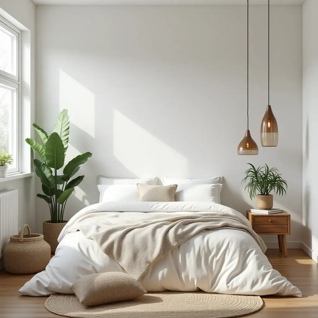 a photo of a bright Scandinavian bedroom decorated with natural materials and plants