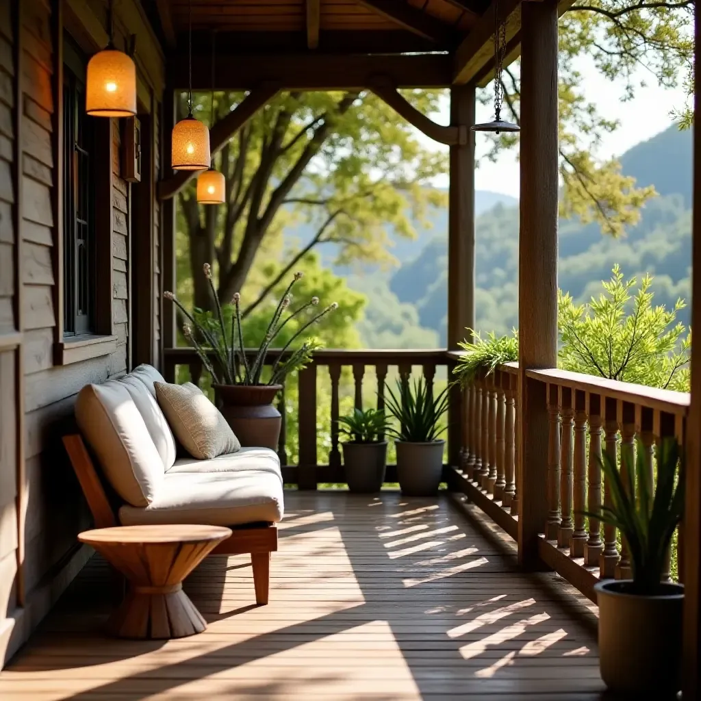 a photo of a balcony with a wooden bench and hanging lanterns