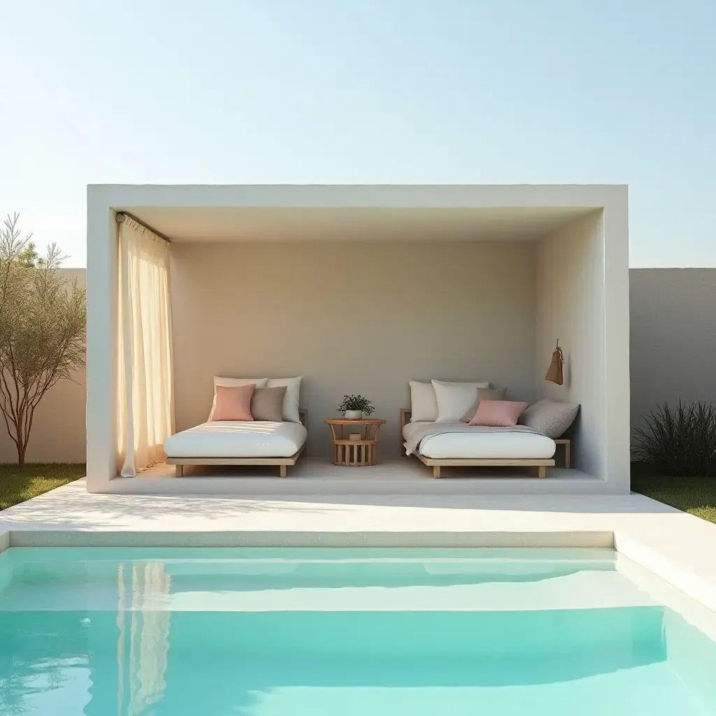 a photo of a chic Scandinavian-inspired cabana by the pool with light fabrics