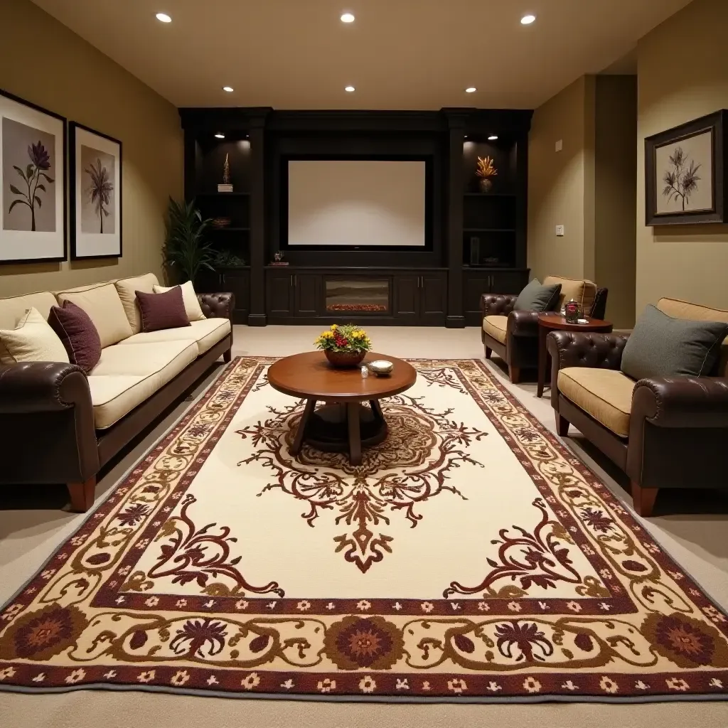 a photo of a unique, custom-designed rug in a personalized basement space