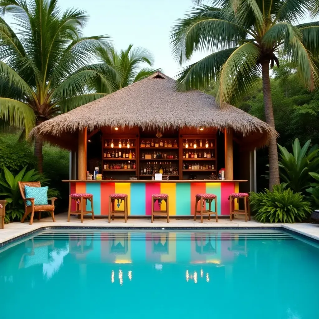 a photo of a tropical-themed bar with palm leaves and vibrant decor by the pool