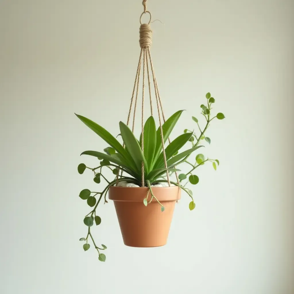 a photo of a whimsical plant mobile hanging from the ceiling