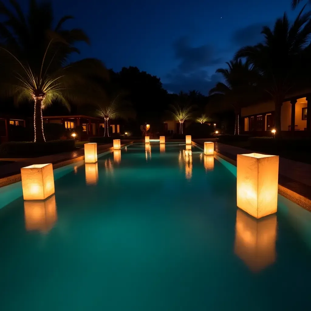 a photo of a pool area illuminated with floating lanterns at night