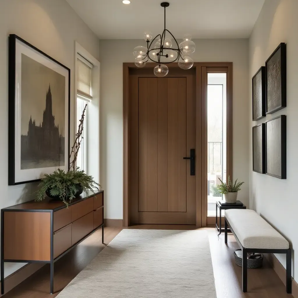 a photo of a sophisticated foyer with a gallery wall and rich textures