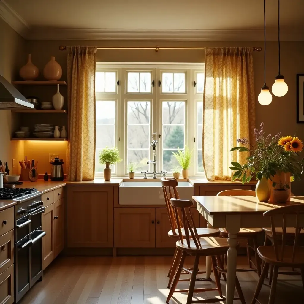 a photo of a kitchen with warm lighting and patterned curtains