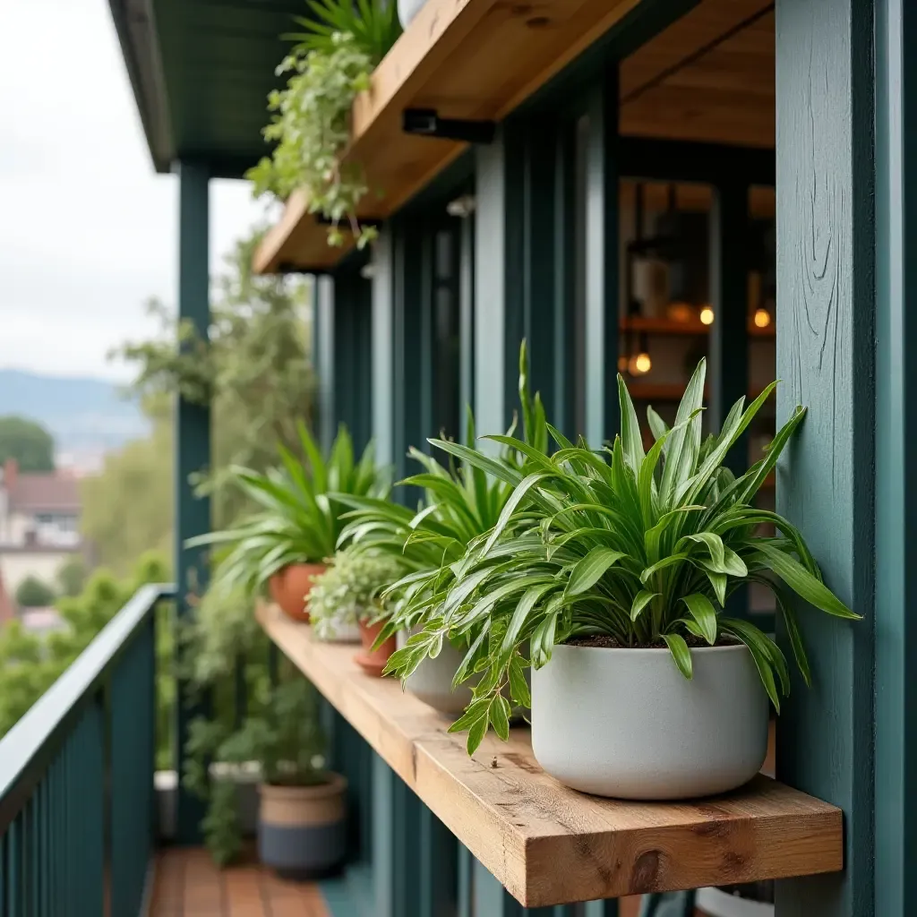 a photo of a balcony featuring a creative plant arrangement on shelves