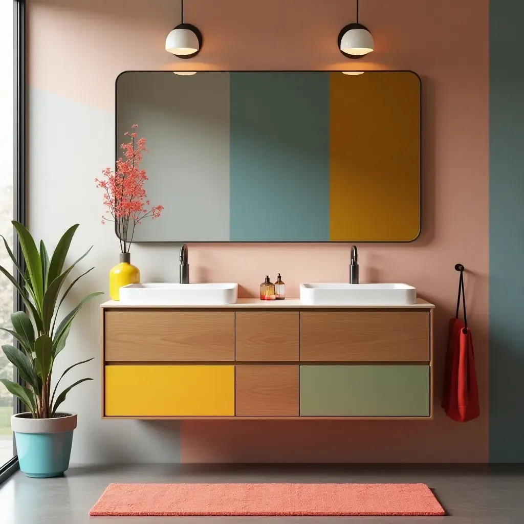 a photo of a bathroom vanity with a unique design and colorful accents