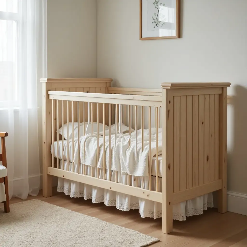 a photo of a classic wooden crib with lace bedding