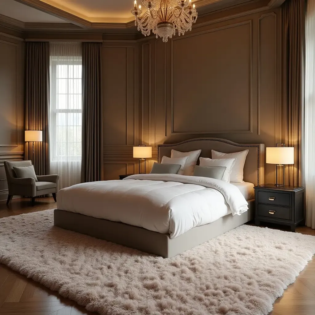 a photo of a luxurious shag rug in a glamorous bedroom