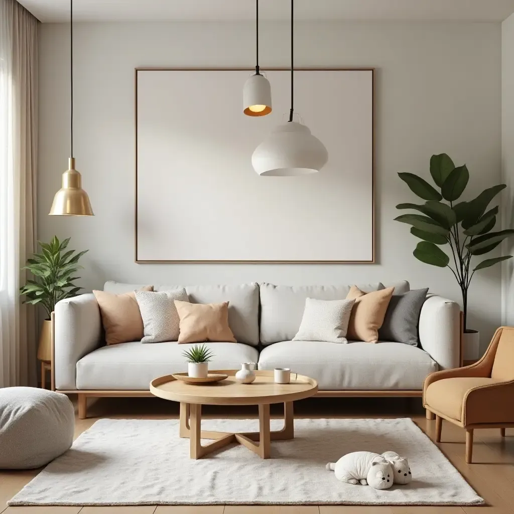 a photo of a family-friendly living room with durable pendant lights and playful decor