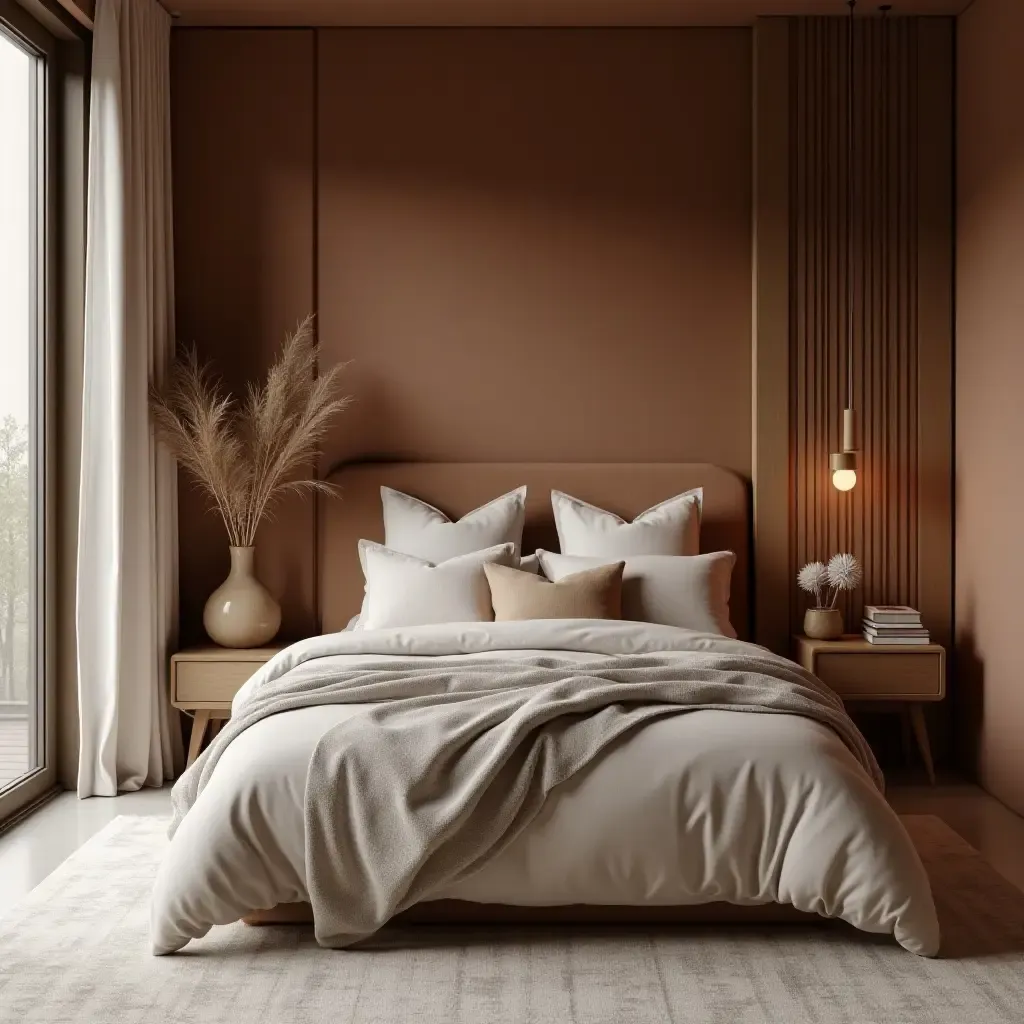 a photo of a zen bedroom using muted velvet tones, natural wood elements, and linen textures