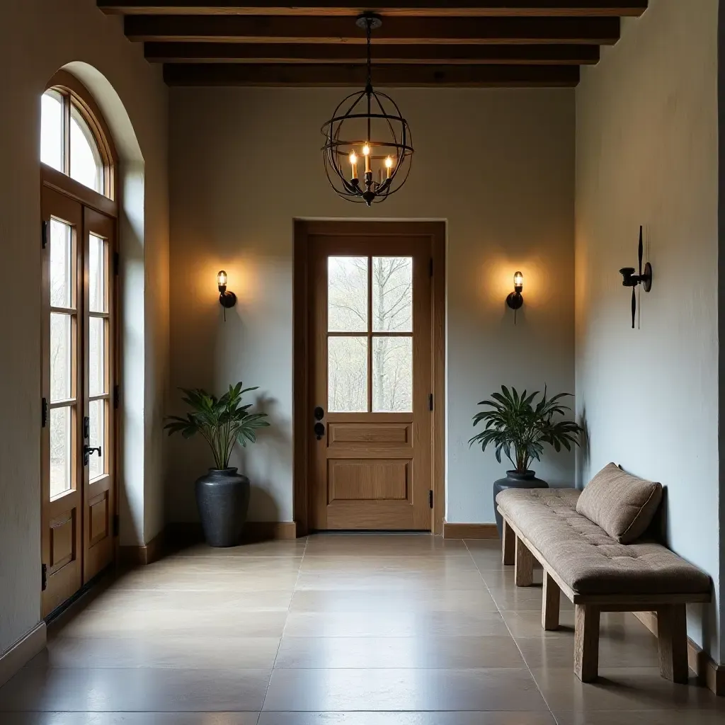 a photo of a rustic wooden bench in an industrial entrance hall