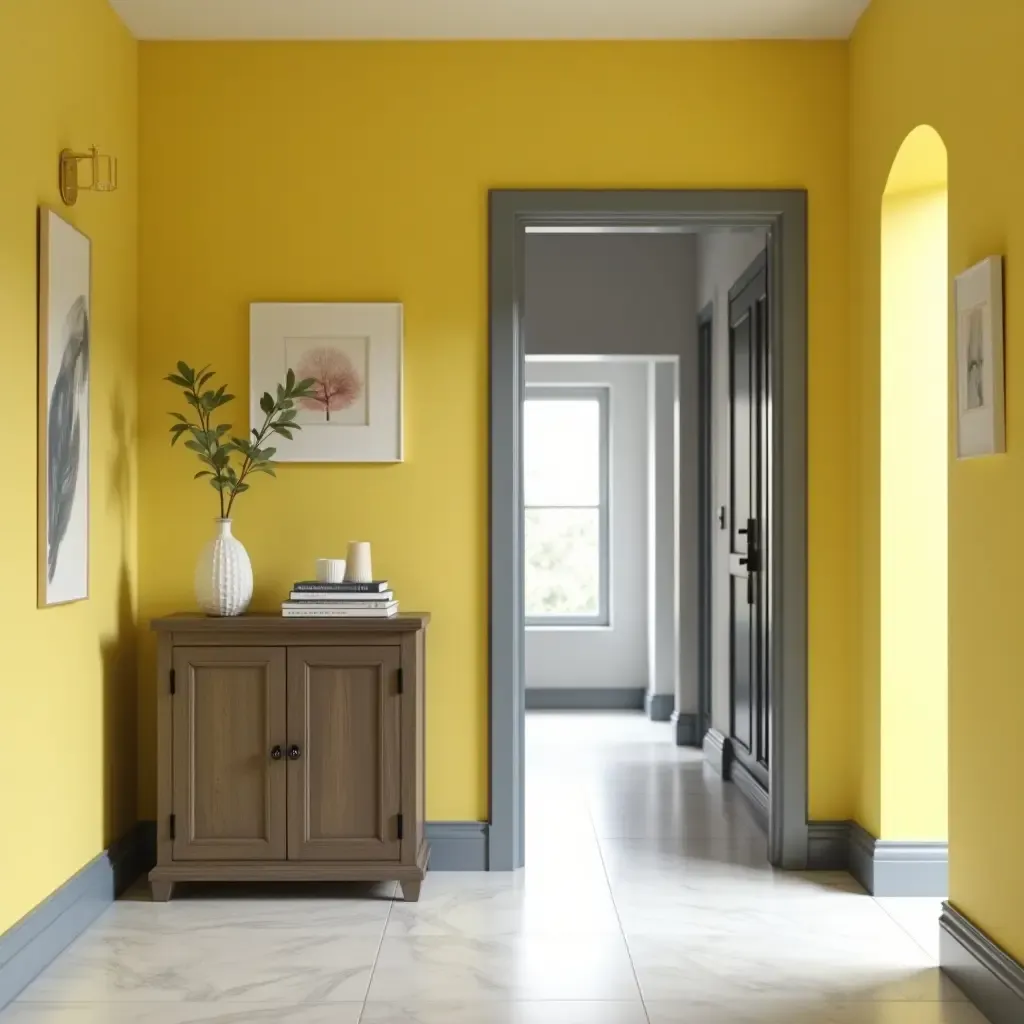 a photo of a bright lemon yellow and cool gray entryway with contemporary art