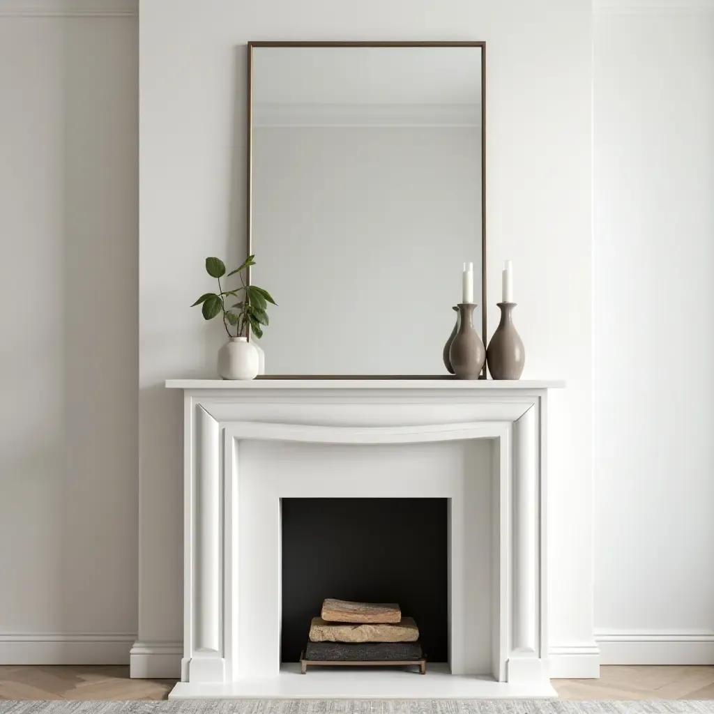 a photo of a modern mantel featuring a sleek mirror and minimalist decor