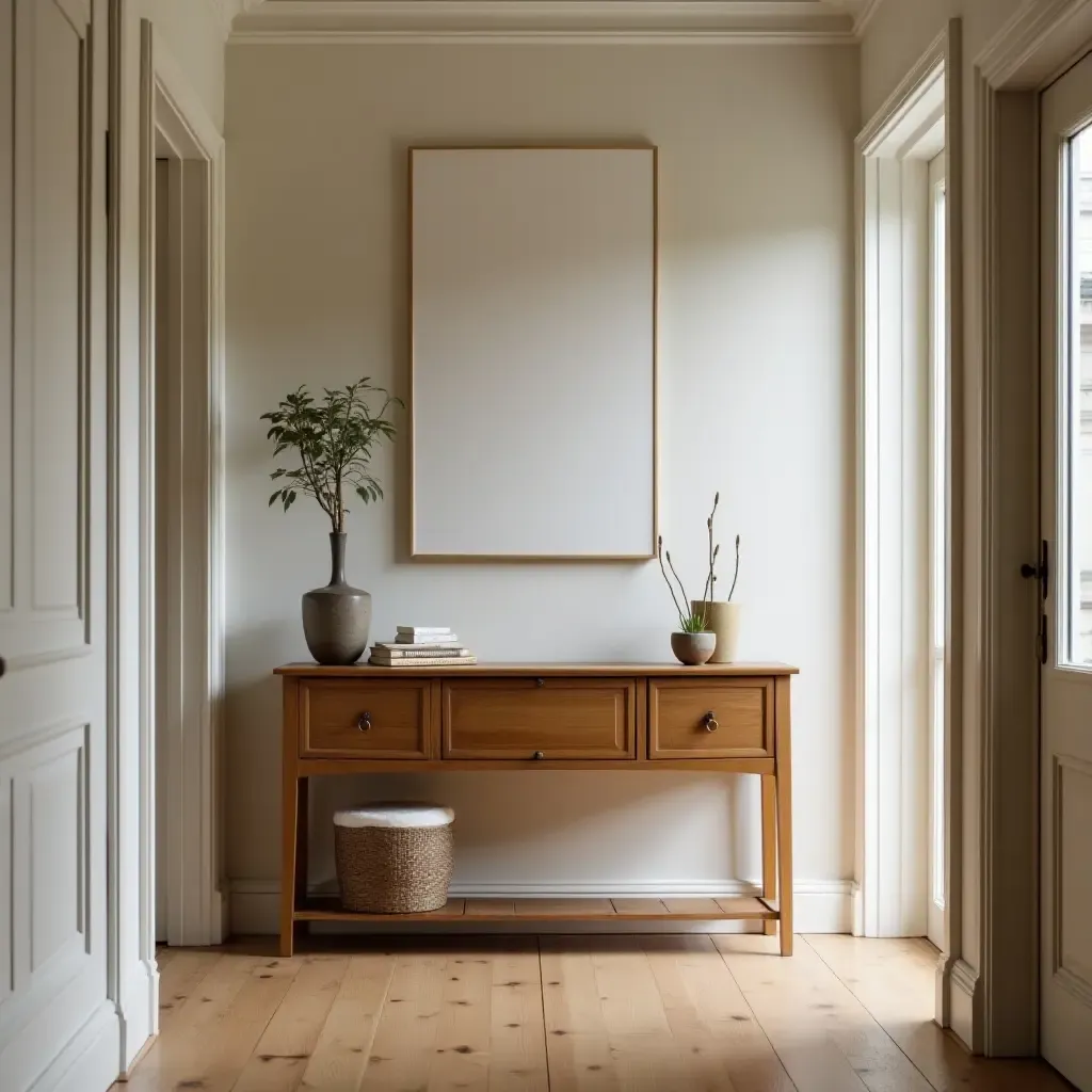 a photo of a vintage wooden console table in a corridor