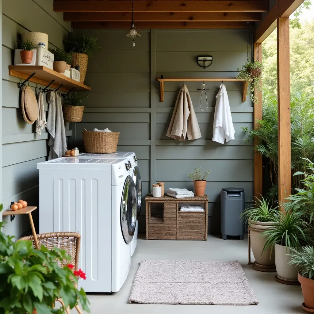 a photo of an organized outdoor laundry space with labeled bins and a chic drying area