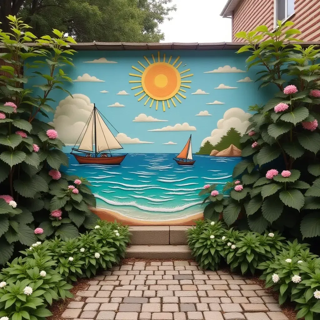 a photo of a mural with a vintage travel theme in a garden