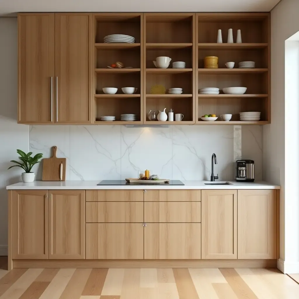 a photo of a kitchen featuring wooden open cabinets