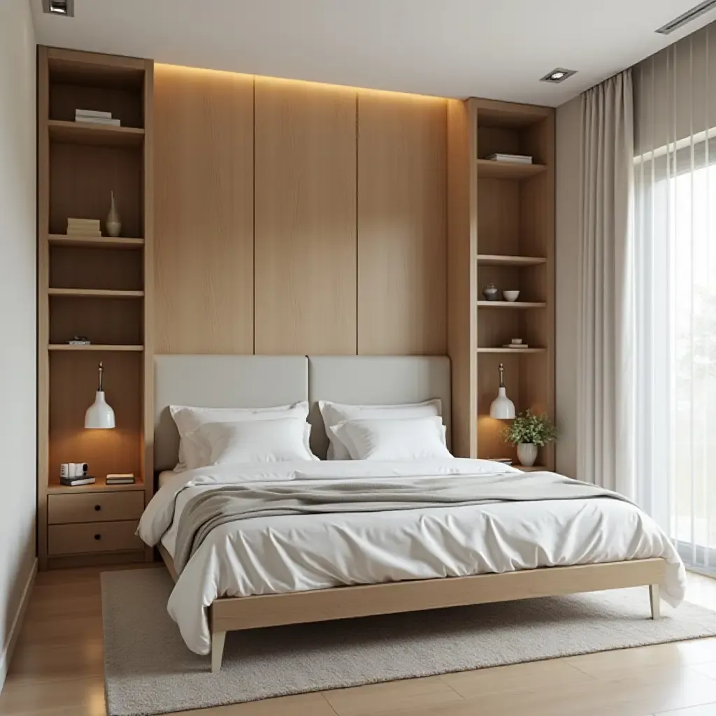 a photo of a minimalist bedroom with hidden storage compartments