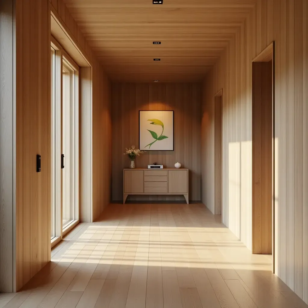 a photo of a corridor with wooden flooring and wall art