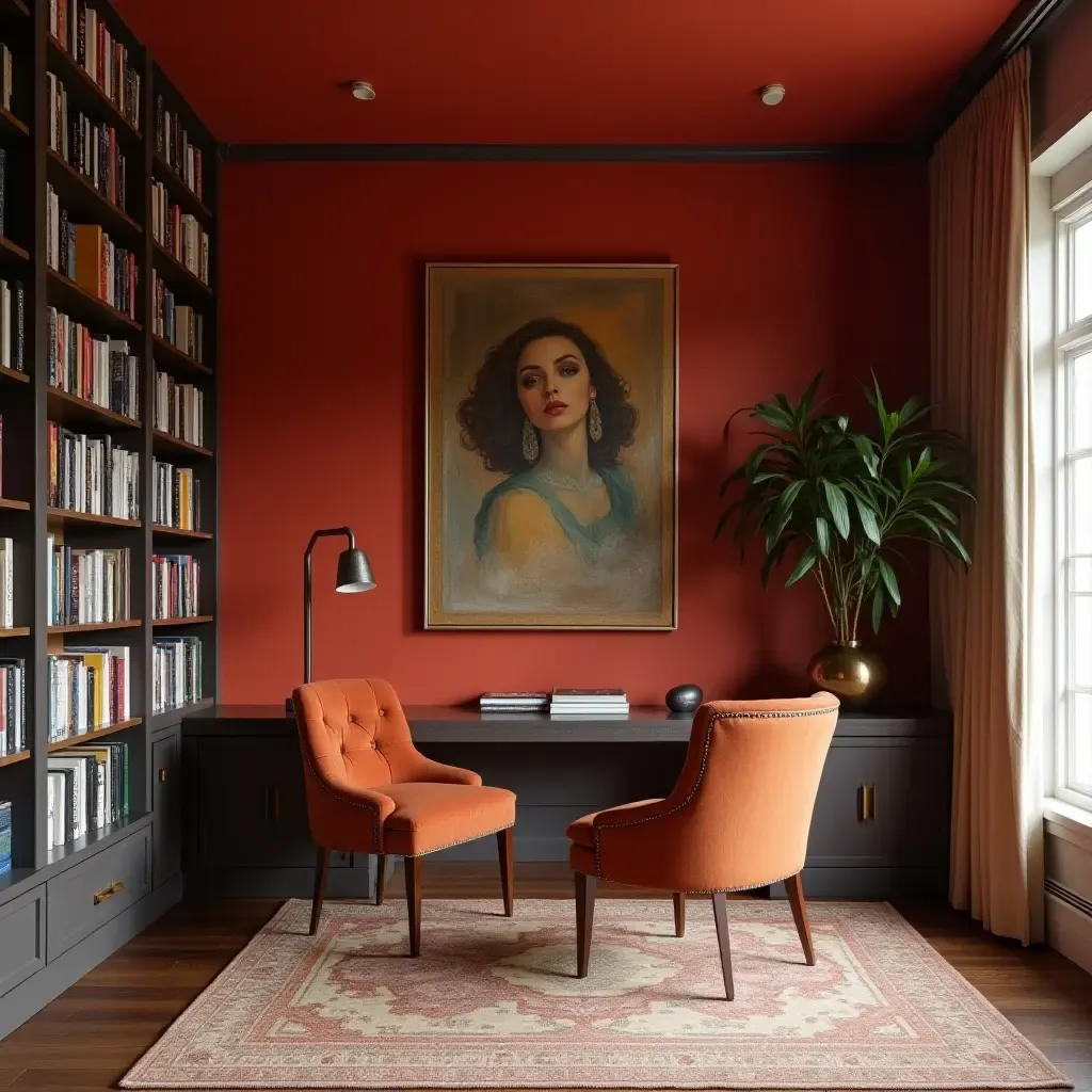 a photo of a small library with a bold accent wall