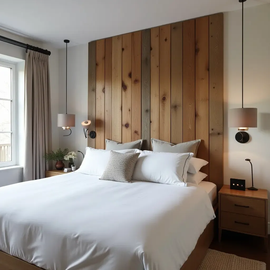 a photo of a bedroom with a unique headboard made of reclaimed wood