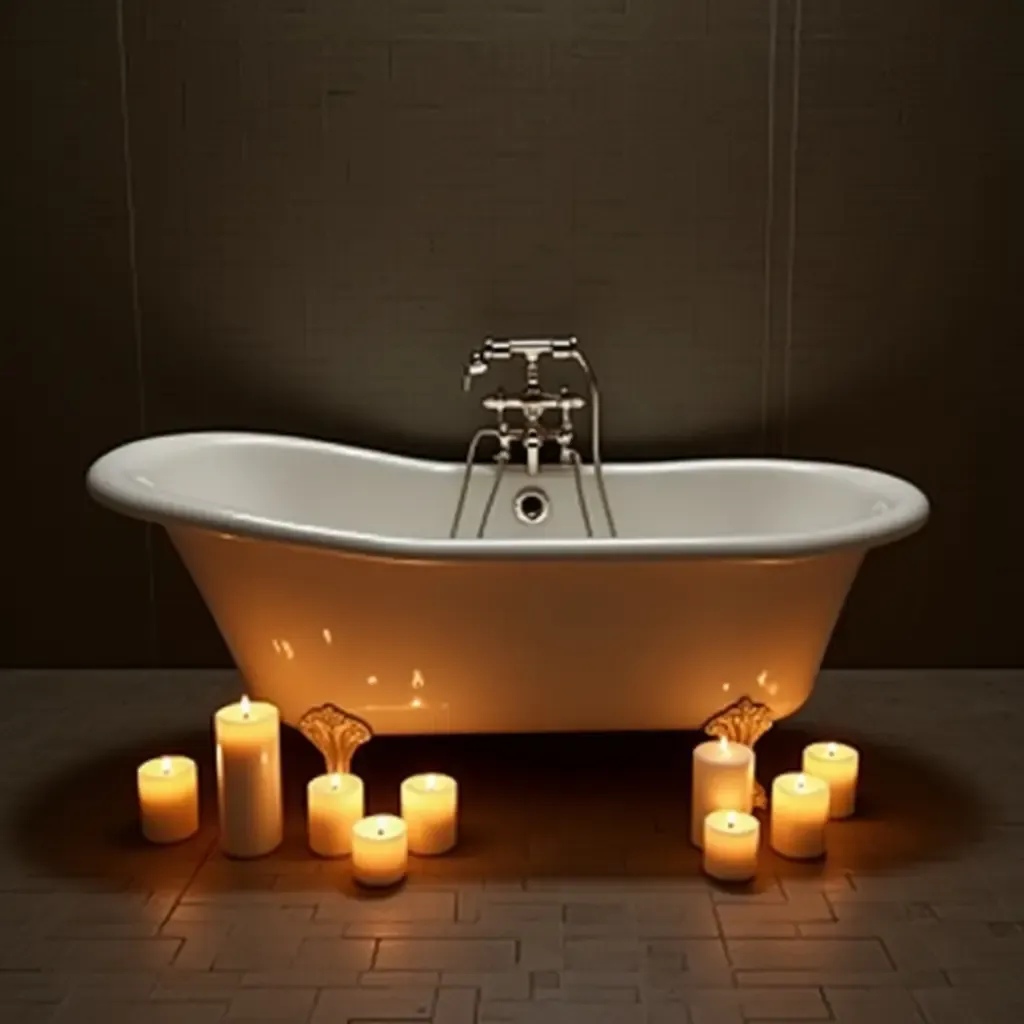 a photo of a vintage-style bathtub surrounded by candles