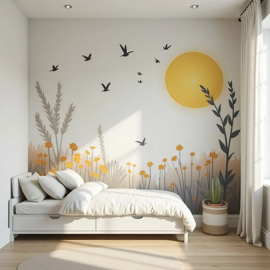 a photo of a charming wall mural that includes storage space