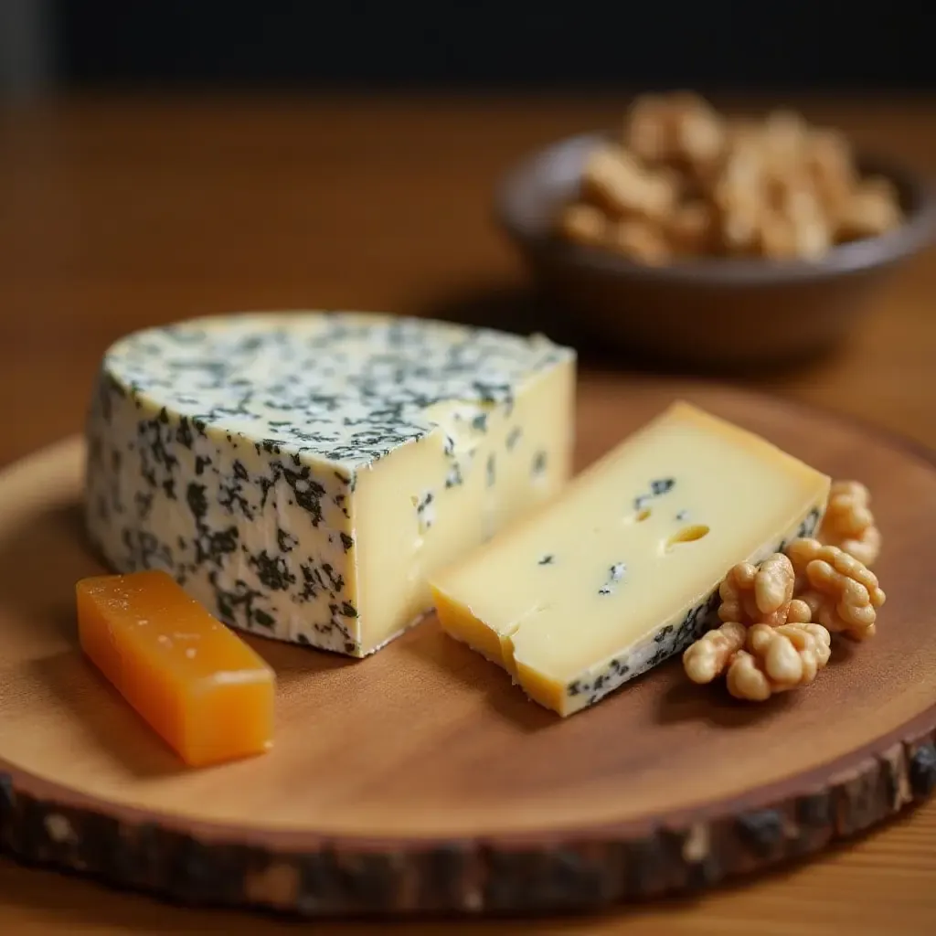 a photo of blue cheese paired with honeycomb and walnuts on a rustic wooden board.