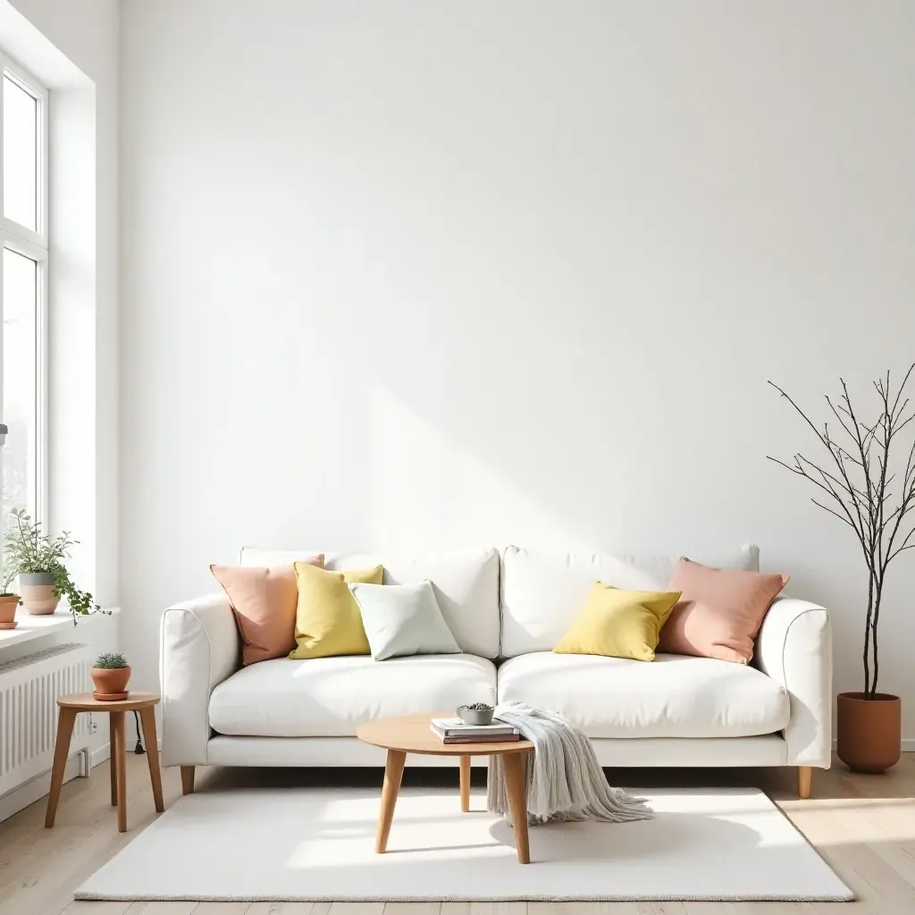 a photo of a bright Scandinavian living room with a white sofa and colorful cushions