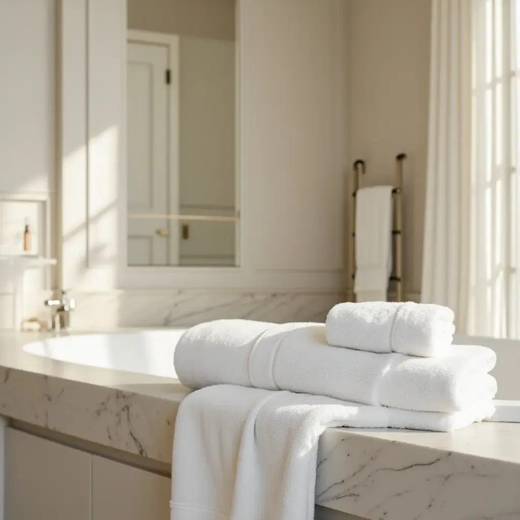 a photo of a spa-like bathroom featuring plush towels