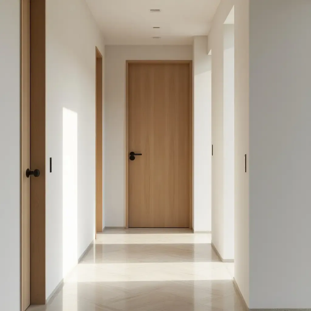 a photo of a wooden accent piece in a minimalist hallway