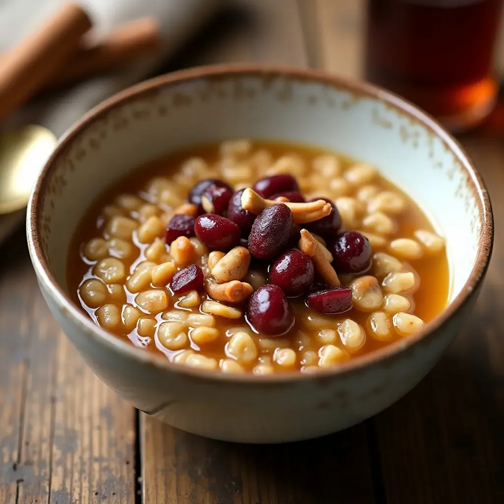 a photo of a warm bowl of Portuguese-style oatmeal with cinnamon, nuts, and dried fruits.