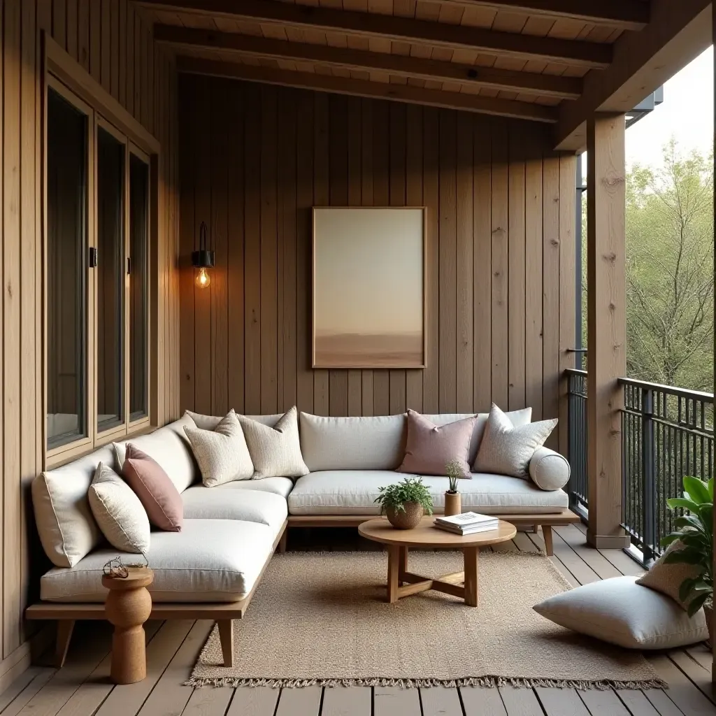 a photo of a cozy balcony featuring a mix of soft textiles and rustic wood