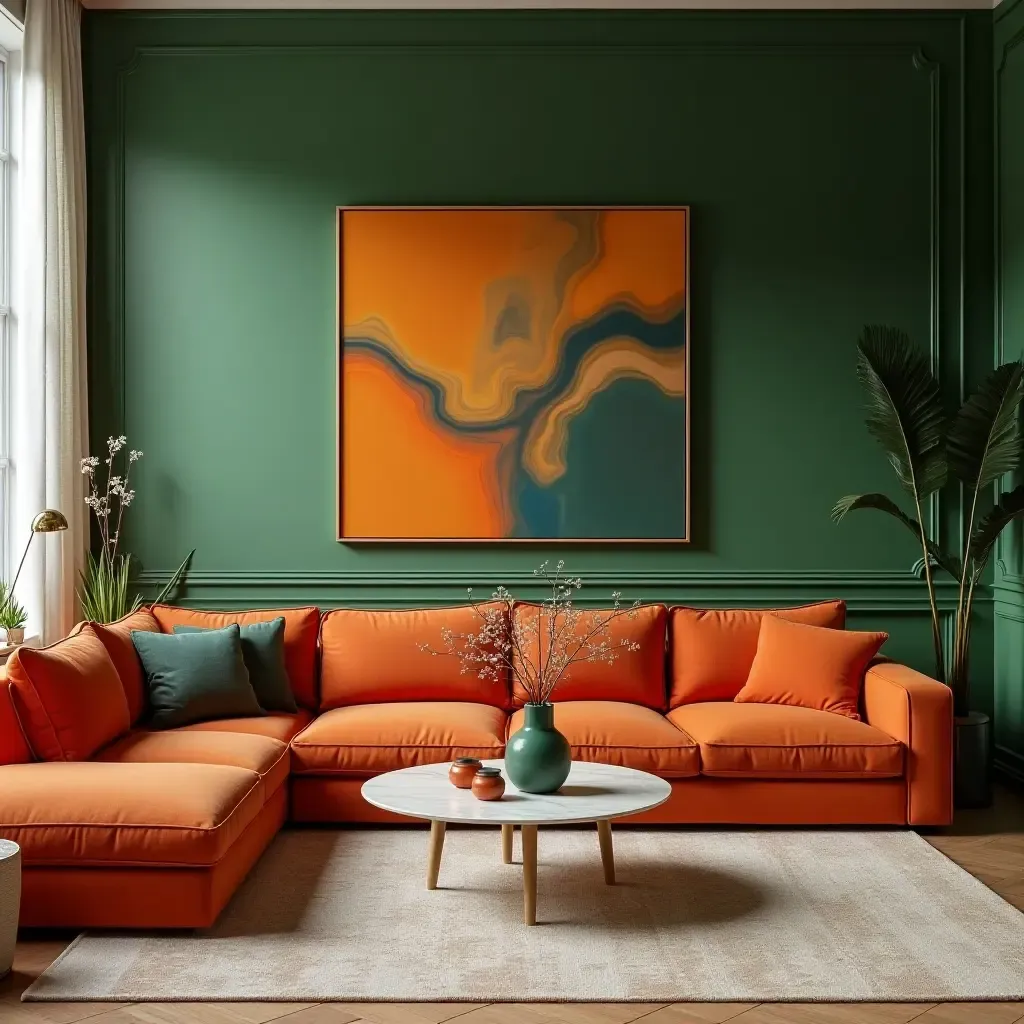 a photo of an eclectic living room showcasing burnt orange and green color harmony