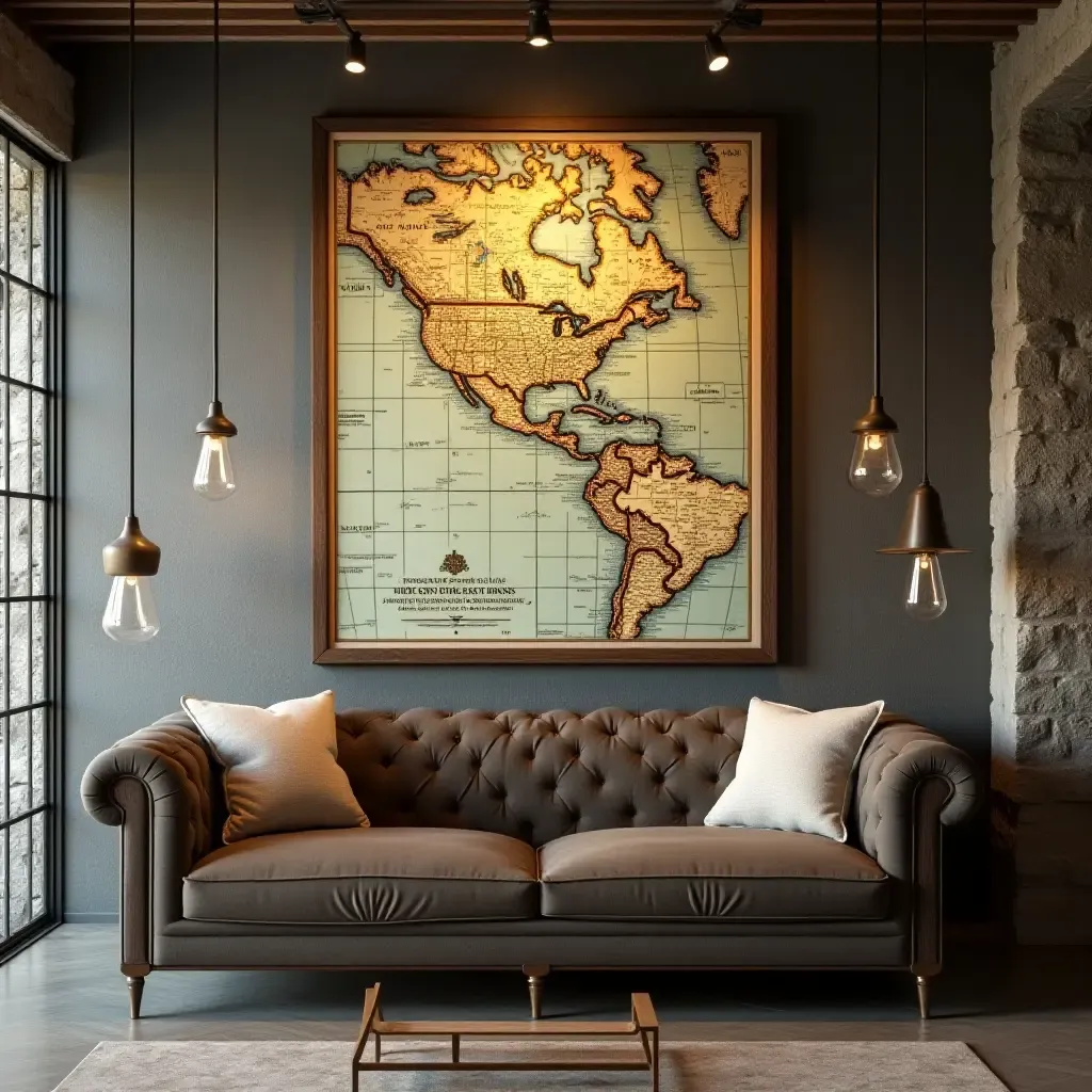 a photo of a vintage map framed on a basement wall with industrial decor