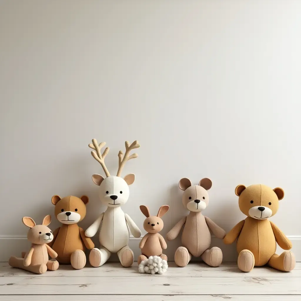 a photo of a whimsical nursery with handmade wooden toys and plush animals