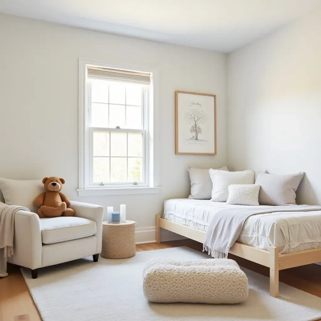 a photo of a shared bedroom with a neutral palette and personalized artwork