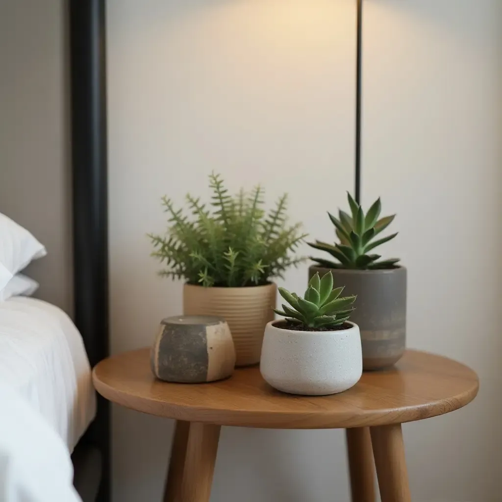 a photo of a bedside table with small succulents