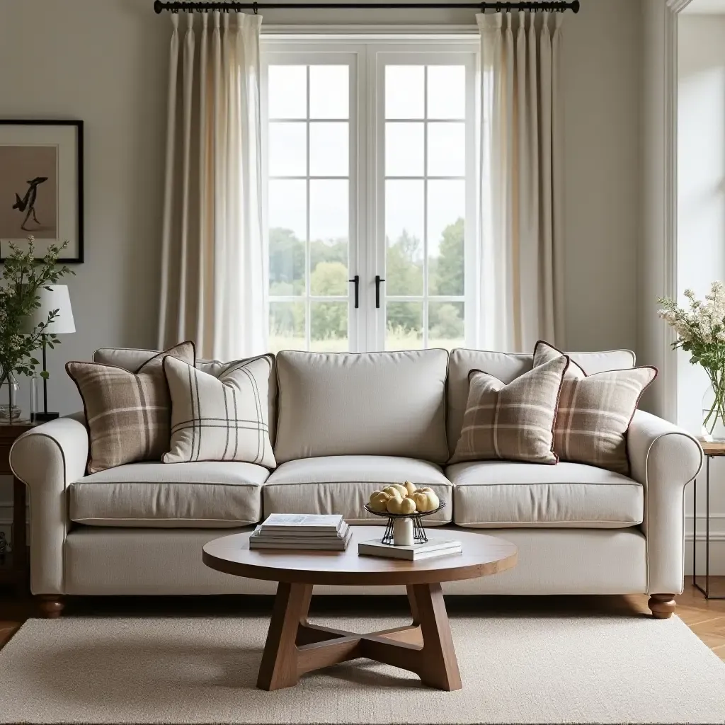 a photo of a living room with a large farmhouse-style sofa and plaid cushions